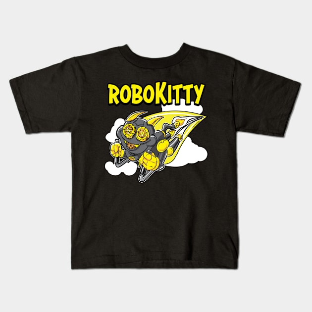 Robo Kitty rocketing through the sky Kids T-Shirt by eShirtLabs